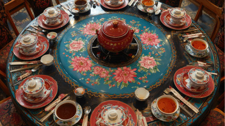 A vibrant dining table showcases an elegant tea service with colorful dishes and assorted sauces, creating an inviting atmosphere for gatherings.の素材