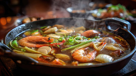 This image showcases a vibrant seafood dish featuring shrimp and a variety of fresh vegetables, bubbling in a rich, aromatic broth. Perfect for culinary inspiration.の素材