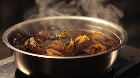 A captivating image featuring a pot of herbal tea infusion with vibrant flowers and leaves gently steaming. The scene evokes warmth and relaxation.の素材