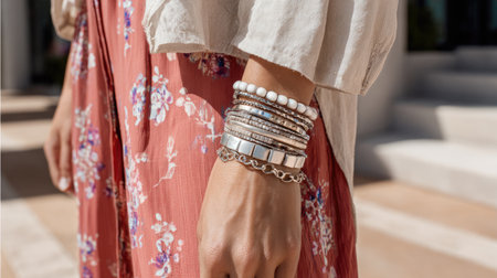 A beautiful close-up of a woman's wrist wearing various bracelets and a floral dress. This image captures the essence of summer fashion with vibrant accessories.の素材
