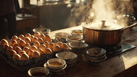 A rustic kitchen table set with fresh eggs and various ingredients. Steam rises from a pot, creating a warm atmosphere inviting culinary creativity.の素材