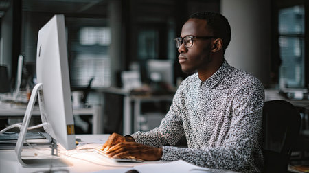 A young man in casual attire works intently at a modern computer in a bright office space. The scene reflects focus, creativity, and productivity in a professional environment.の素材