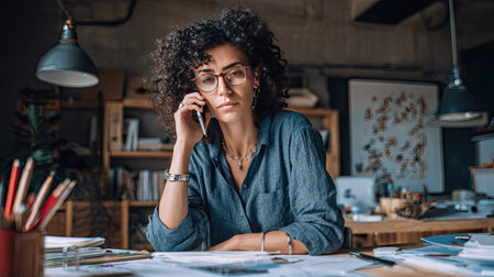 A focused woman with curly hair engaged in a phone call, surrounded by her artistic workspace, filled with stationery and creative materials.の素材