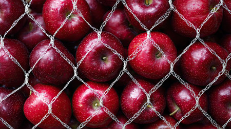 A close-up view of fresh red apples arranged under a protective mesh, highlighting their vibrant color and natural shine, ideal for health and wellness themes.の素材