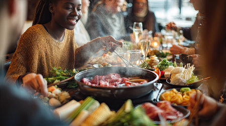 A lively dining scene featuring a group of friends savoring a hot pot meal, surrounded by fresh ingredients, laughter, and warmth in a cozy atmosphere.の素材