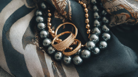 A stunning arrangement of gold and black pearl jewelry set against a luxurious fabric backdrop, perfect for showcasing elegance and style in fashion photography.の素材