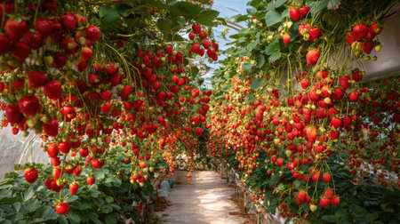 This vibrant image captures a greenhouse filled with ripe strawberries, showcasing a colorful abundance of fresh fruit hanging from lush green vines in a serene setting.の素材