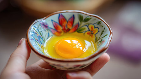 This close-up image showcases a bright raw egg yolk in a beautifully decorated bowl held by a hand, emphasizing freshness and culinary creativity.の素材
