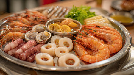 An appetizing seafood platter featuring shrimp, clams, squid, and garnishes on a silver tray, perfect for sharing and enjoying delightful flavors.の素材