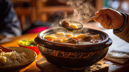 A steaming traditional stew served in a rustic pot, showcasing colorful ingredients and a wooden spoon, perfect for a comforting meal experience.の素材