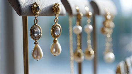 This image showcases a beautiful arrangement of gold earrings adorned with pearls and crystals, elegantly displayed in a jewelry boutique environment.の素材