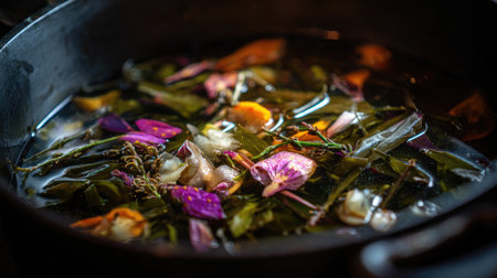A serene blend of herbs and vibrant flower petals simmers in a dark pot, creating a tranquil atmosphere perfect for relaxation and wellness rituals.の素材