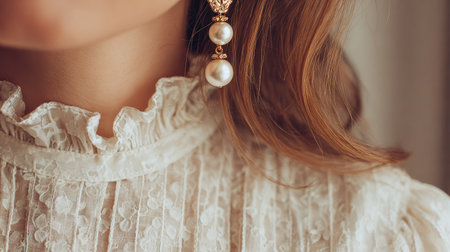 This close-up captures the elegance of a woman adorned in a delicate lace blouse and eye-catching pearl earrings. The soft light accentuates the intricate textures, adding depth to the portrait. Ideal for themes of beauty and fashion.の素材
