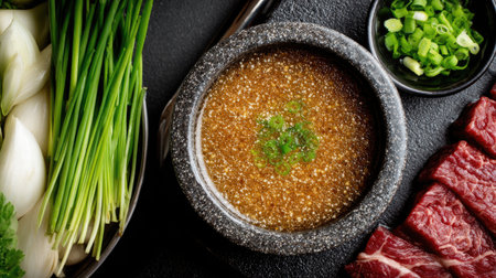 A stunning arrangement featuring fresh green onions, savory dipping sauce, and high-quality raw meat set against a dark background for culinary inspiration.の素材