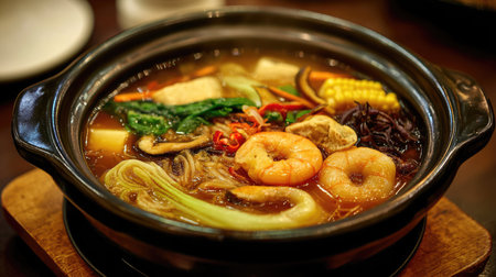 A vibrant seafood hot pot with shrimp, fresh vegetables, and a rich broth served in a black pot. Perfect for sharing and enjoying traditional flavors.の素材