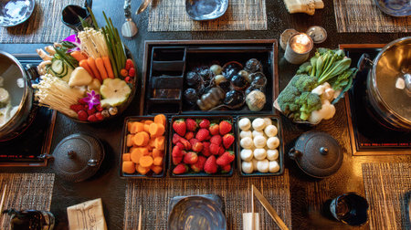 A vibrant arrangement of fresh vegetables, fruits, and sauces on a dining table, perfect for a hot pot meal with friends or family, creating a cozy dining experience.の素材