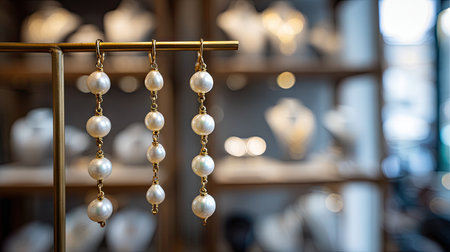 Stunning display of elegant pearl earrings in a jewelry store, capturing the essence of luxury and sophistication in fine accessories.の素材