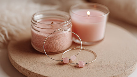 A serene composition featuring soft pink candles and elegant silver hoop earrings adorned with rose quartz, perfect for a calming atmosphere.の素材