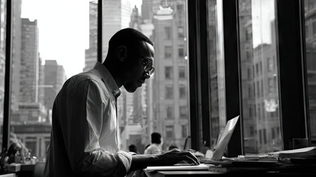 A focused individual typing on a laptop in a modern workspace featuring large windows that offer a stunning urban view. The light enhances the ambiance, and the silhouette adds an artistic touch to the scene. Ideal for depicting productivity in a professional environment.の素材