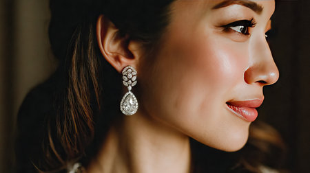 This portrait captures an elegant woman highlighting exquisite earrings in a beautifully lit setting, showcasing her delicate features and sophisticated style.の素材