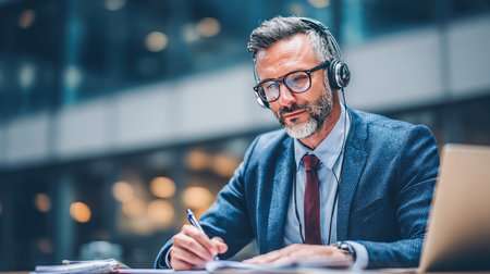 A focused professional man with a headset writes notes during an online meeting, showcasing modern office space and dedication to work tasks.の素材