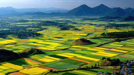 This stunning aerial image captures a vibrant patchwork of fields in various colors beneath a clear blue sky, framed by distant mountains.の素材