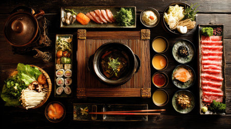 A vibrant arrangement of Japanese dishes showcasing sushi, sashimi, and fresh ingredients. Perfect for illustrating culinary culture and dining experiences.の素材