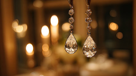 Exquisite crystal earrings capture the light with their dazzling design, enhancing the atmosphere of elegance and luxury in a beautifully lit setting.の素材
