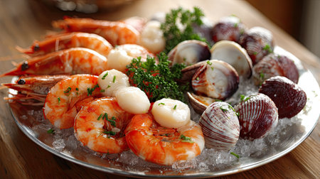 A beautifully arranged platter of fresh seafood featuring shrimp, scallops, and clams served on ice, ideal for gourmet dining experiences or special occasions.の素材