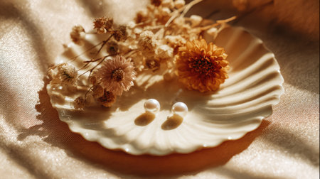 A beautiful arrangement of pearls paired with dried flowers on a decorative plate, capturing the essence of elegance and simplicity in soft light.の素材