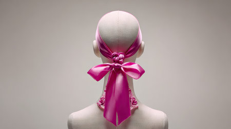 Showcase an elegant pink satin ribbon tied beautifully into a bow around the neck of a mannequin, set against a minimalist background, exuding stylish charm.の素材