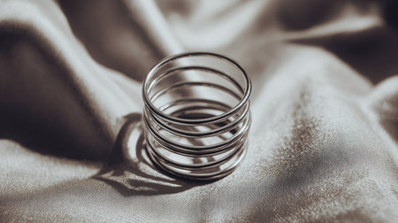 This captivating image showcases a set of elegant silver stacked rings arranged artfully on soft satin fabric, creating a luxurious visual experience.の素材