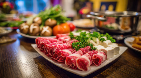 This image captures an inviting spread of fresh ingredients including sliced meats, vibrant vegetables, and creamy cheeses arranged beautifully on a table, perfect for a festive gathering.の素材