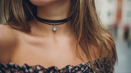 A stylish woman showcases a fashionable choker necklace with a unique pendant against an urban backdrop, embodying beauty and modern elegance.の素材