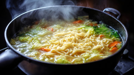A close-up view of a black wok filled with steaming noodles and colorful vegetables, capturing the essence of homemade comfort food and culinary delight.の素材