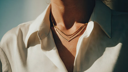Close-up view of a model wearing elegant gold necklaces paired with a classy white shirt, capturing the essence of stylish simplicity and modern fashion.の素材