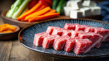 A visually appealing arrangement of freshly cut marbled beef slices on a decorative plate, complementing vibrant vegetables and tofu, ideal for meal preparation.の素材
