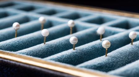 This close-up image showcases an elegant arrangement of pearl earrings in a plush jewelry box. The soft velvet lining highlights the luxury and beauty of the accessories.の素材