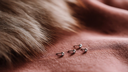 This image showcases four elegant diamond stud earrings arranged on a luxurious soft pink fabric background, accentuated by a stylish fur element.の素材