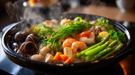 A vibrant hot pot filled with assorted seafood, fresh vegetables, and aromatic herbs, steaming invitingly in a bowl, showcasing a delightful culinary experience.の素材