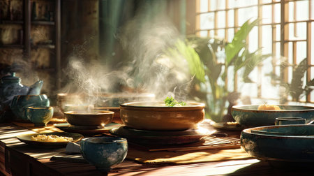 A cozy rustic kitchen scene featuring steaming bowls of delicious meals, warm wooden table, and natural light pouring through large windows, creating an inviting atmosphere.の素材