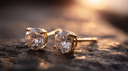 This stunning close-up captures the brilliance of diamond earrings resting on a textured surface, beautifully illuminated by warm sunset light.の素材