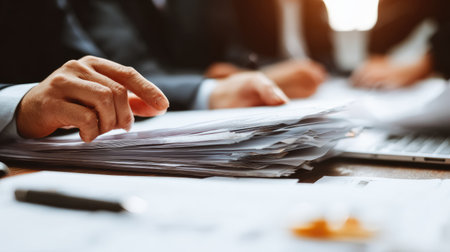A focused business professional reviews important documents at the office. The scene captures hands sorting through paperwork, a laptop, and blurred colleagues, illustrating the atmosphere of teamwork and productivity.の素材