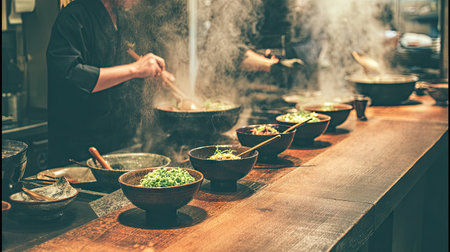 A chef skillfully prepares fresh dishes in a bustling kitchen, showcasing vibrant vegetables and steaming bowls. The atmosphere embodies culinary passion and expertise.の素材