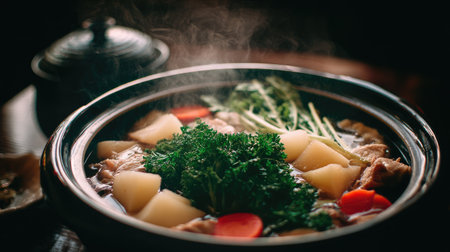 A heartwarming bowl of soup filled with fresh vegetables and herbs, creating a visually appealing and flavorful dish that warms the soul.の素材