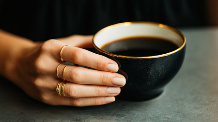 A beautifully styled hand gracefully holds a black coffee cup with a gold trim, showcasing elegant rings. This close-up evokes warmth and comfort, perfect for a cozy morning atmosphere.の素材