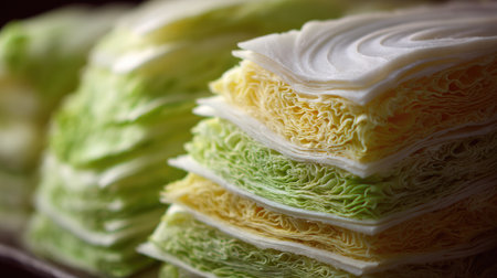 This captivating close-up showcases freshly sliced cabbage with vibrant green and yellow layers. Ideal for culinary projects, it embodies freshness and healthy eating.の素材