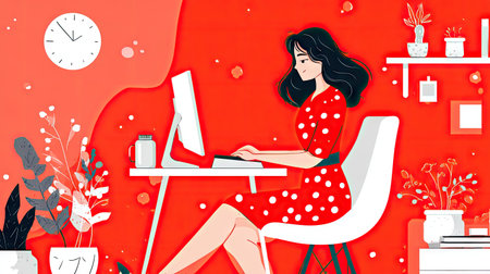 A vibrant illustration depicting a young woman working on her computer in a cozy home office, surrounded by plants and a stylish clock.の素材