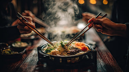 This captivating image showcases a hot pot brimming with fresh ingredients. Steam rises as hands reach in with chopsticks, inviting a shared meal experience.の素材
