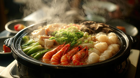 A vibrant hot pot filled with a variety of fresh seafood and vegetables, emitting steam and inviting warmth, perfect for sharing with friends.の素材